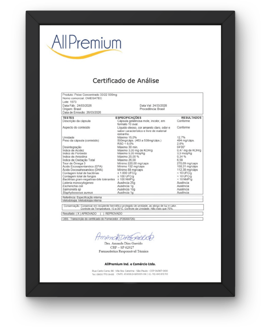 Laudo técnico de análise do produto OmegaTec